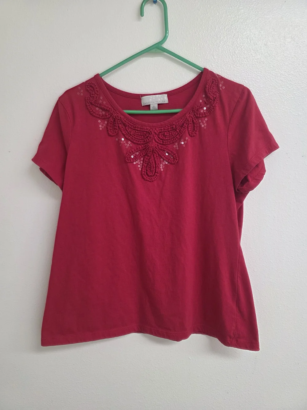 Carolyn Taylor Red Short-Sleeve Top with Embellished Neckline (0697)